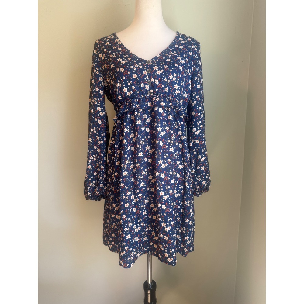 Blue Floral Long Sleeve Ruffle boho whimsigoth cottage dainty y2k Mini Dress med